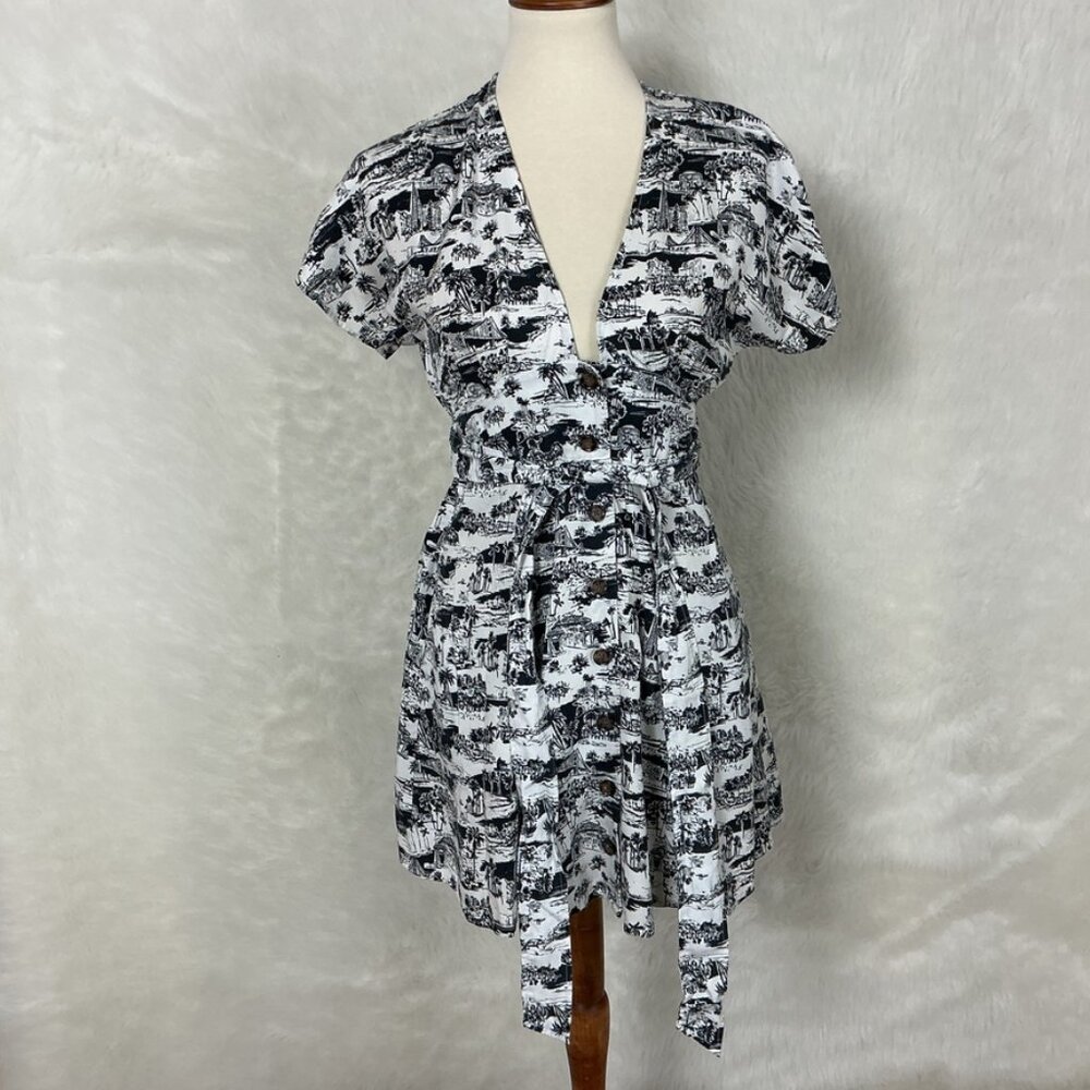 Marine Layer Black & White Short Sleeve Tropical Toile  Camila Mini Dress XS
